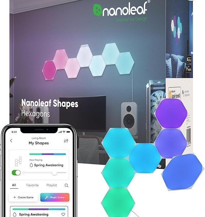 Nanoleaf Shapes LED Wall Lights, RGBW Smart Wall Panels with 16M+ Color, Compatible with Alexa & Google Assistant, Music Sync, DIY Gaming Light for Home Decor (Hexagons Smarter Kit 7 Pack)