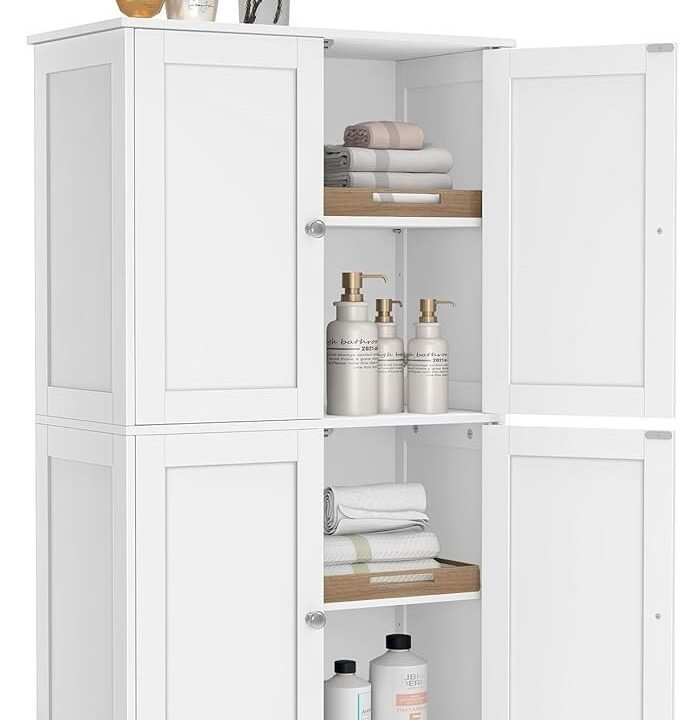 VASAGLE Floor Storage Cabinet, Shaker Cabinet with 2 Adjustable Shelves, 4 Doors, Tall Freestanding Organizer Unit, for Kitchen Bathroom Living Room, Cloud White UBBC553WH01S