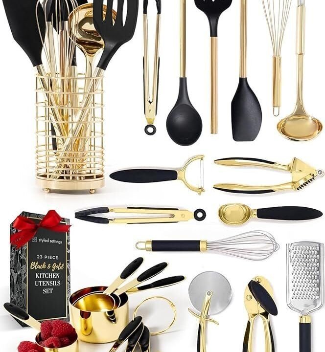 Black and Gold Kitchen Utensils Set – 23-Piece Luxury Kitchen Accessories Includes Gold Measuring Cups, Spoons, Silicone Cooking Utensils and Tools for Baking, Cooking, and Stylish Kitchen Decor