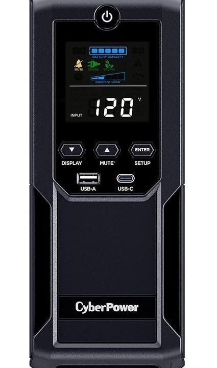 CyberPower CP1500AVRLCD3 Intelligent LCD UPS System, 1500VA/900W, 12 Outlets, 2 USB Ports, AVR, Mini Tower, Black