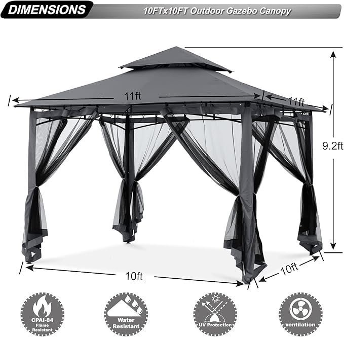 ABCCANOPY Gazebos for Patios 10×10 – Outdoor Steel Frame Gazebo with Mosquito Netting for Lawn Backyard Garden Deck (Dark Gray) - Image 2
