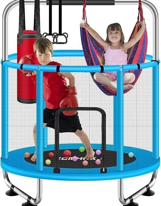 ZCMHAXJ 55″ Trampoline for Kids with Enclosure, 440lbs Capacity Indoor & Outdoor Toddler Trampoline with Adjustable Gymnastics Bar & Toys, for Boys & Girls