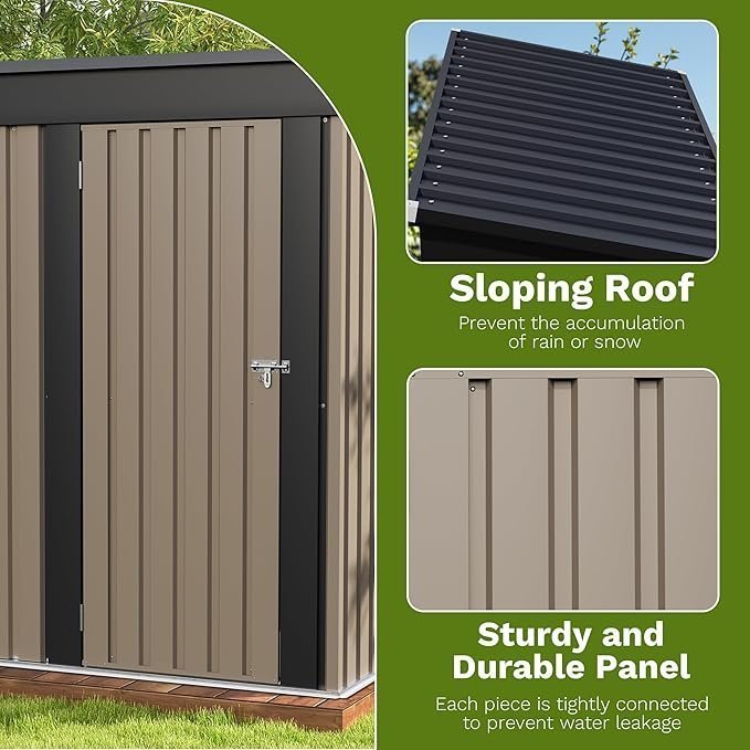 Patiowell 5×3 FT Outdoor Storage Shed, Tool Shed with Sloping Roof and Lockable Door, Metal Shed for Backyard Garden Patio Lawn, Brown - Image 3