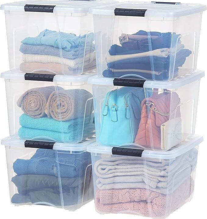 IRIS USA 40 QT Plastic Storage Box with Lid and Latches – 6 Pack – BPA-Free, See-Through Organizing Solution, Durable Nestable Stackable Containers, Secure Pull Handle – Clear
