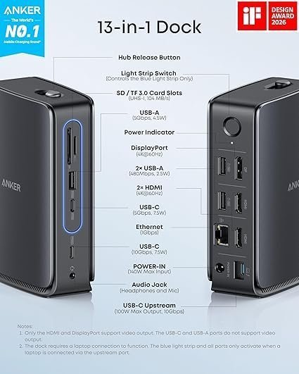 Anker Nano Laptop Docking Station with Detachable Hub, 13-in-1 USB-C Triple Display Docking with 2 HDMI+1 DP, 10 Gbps USB-C, 3 USB-A, Audio, SD/TF, Ethernet, 100W Max PD for Dell, Lenovo, HP, and More - Image 5