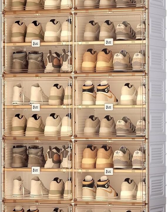 ANTBOX Portable Shoe Rack Organizer for Closet Entryway, Stackable Sneaker Storage Shoe Cabinet with Magnetic Clear Door, Large Plastic Storage containers Bins with Lids 10 Tiers 40 Pairs