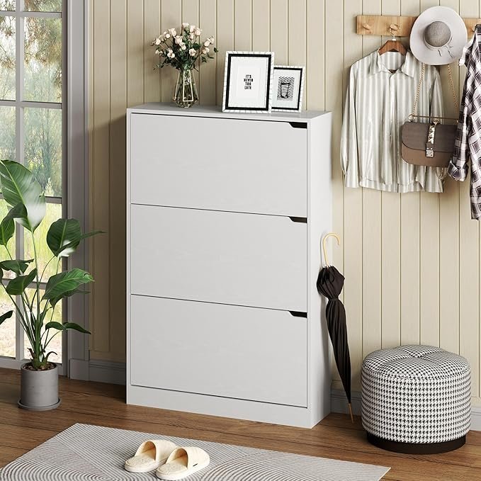 BORNOON Shoe Cabinet with 3 Flip Drawers, Hidden Wood Shoe Cabinet,Freestanding Shoe Storage Cabinet for Entryway Hallway.White. 47.2″ H*31.5″ W*9.45″ D. - Image 4