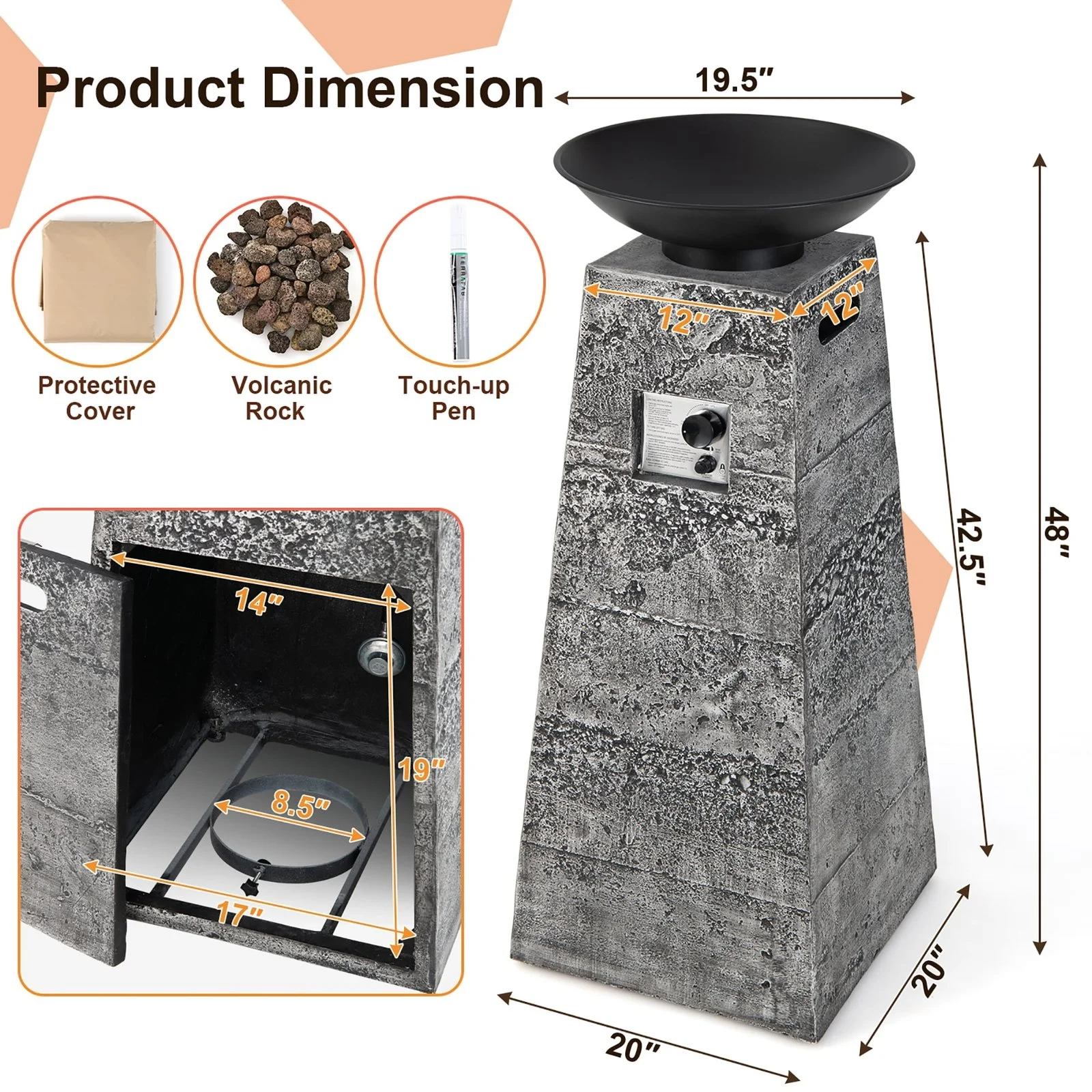 Costway 48 Inch Propane Fire Bowl Column with Lavas Rocks and PVC Covers - Image 4